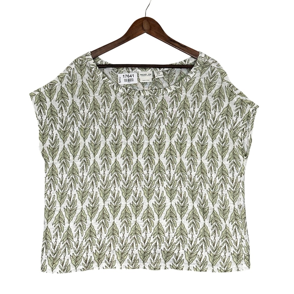 Rachel Zoe Linen Top Womens XL Green White Leaf Print Short Sleeve Excellent